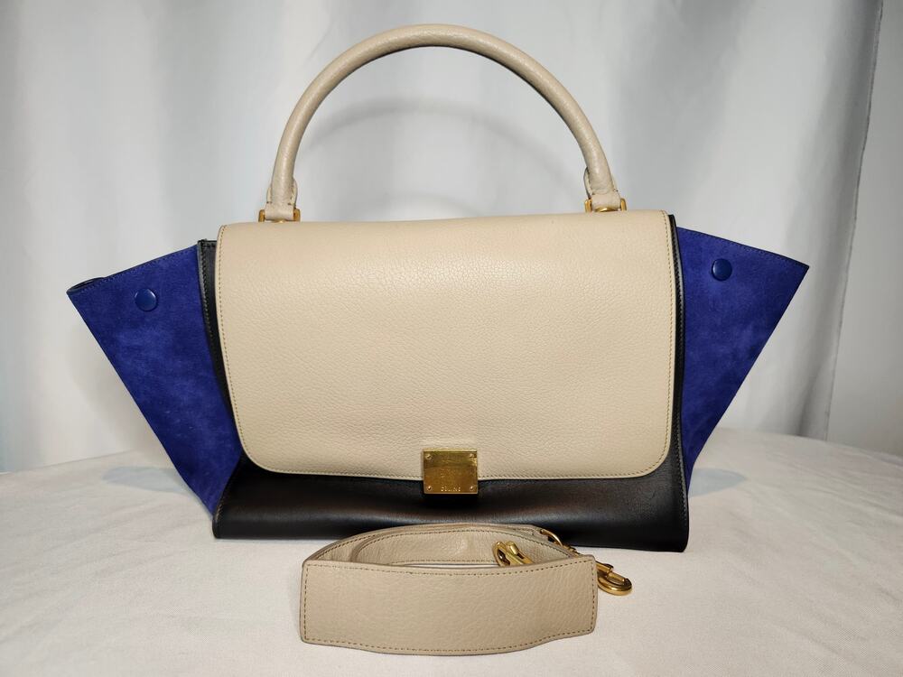 Celine Trapeze Bag Tri-Color Leather Suede Blue Cream Black Shoulder Bag Tote